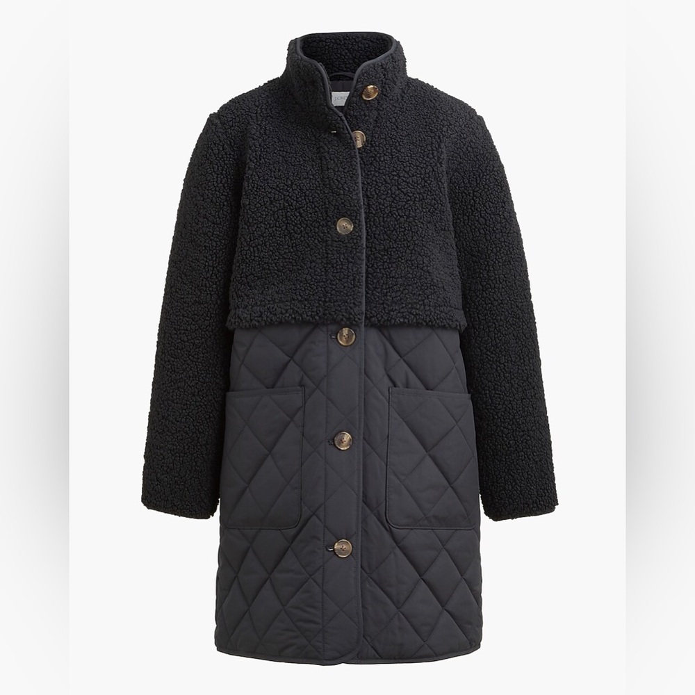 J. Crew Black Quilted Coat with Sherpa Trim